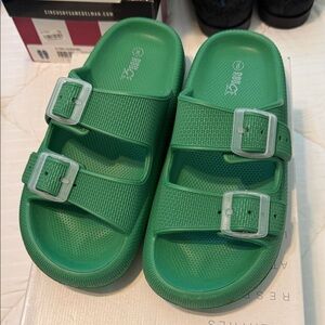 Rouge! Green Double-Buckle Slide Sandals